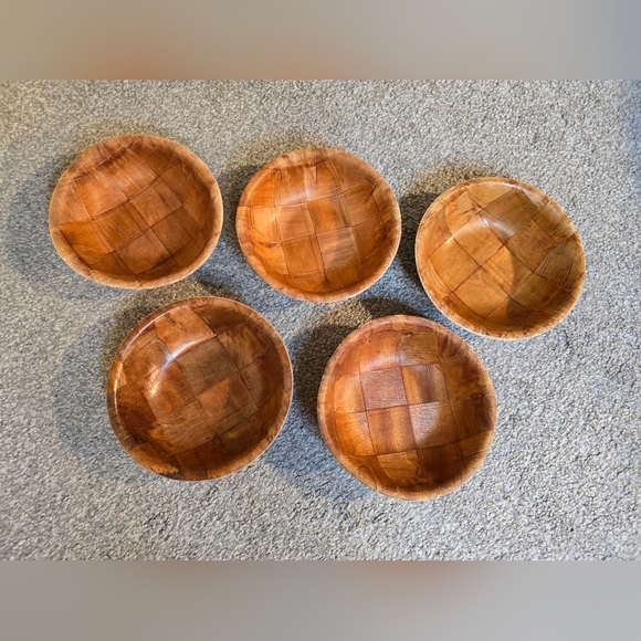 Vintage MCM Formosa Wood Woven Checked 9 Piece Salad Bowl Spoon & Fork Set - Picture 3 of 10